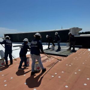 Crew applying adhesive and positioning TPO membrane sheets on insulation.