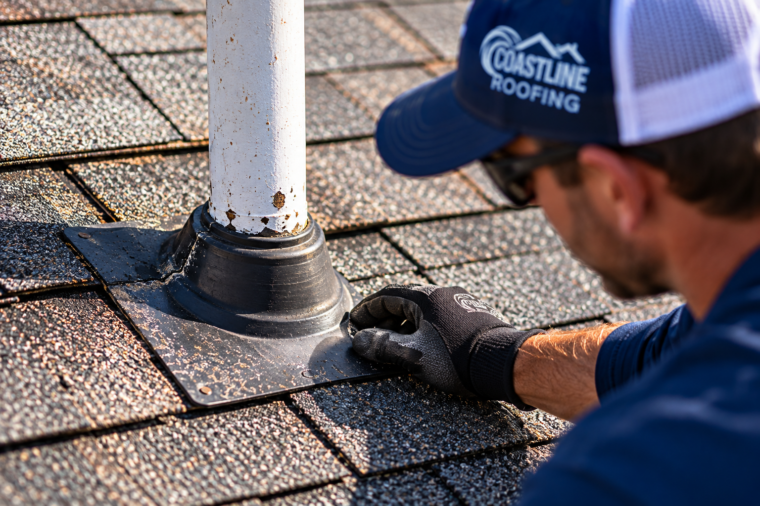 Coastline Roofing inspecting a pipe boot during a roof repair