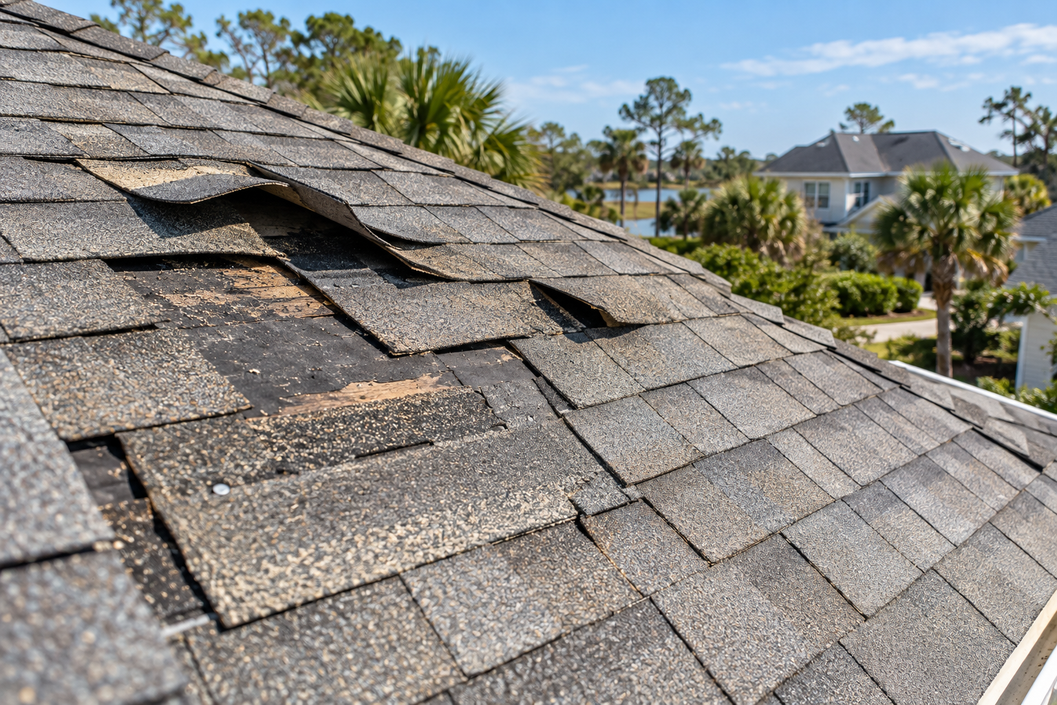 Wind-damaged asphalt shingle roof with lifted and missing shingles