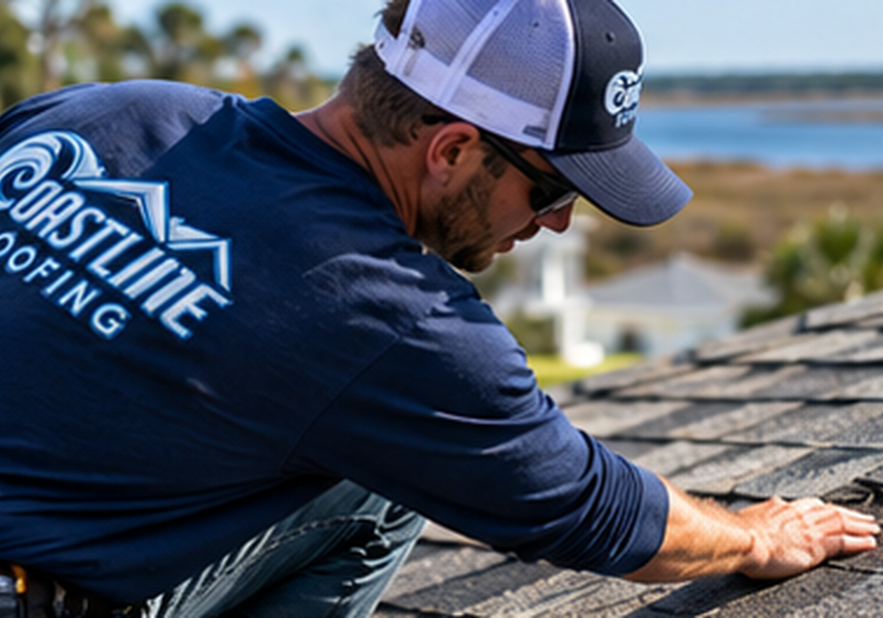 Coastline Roofing contractor inspecting asphalt shingles on a residential roof