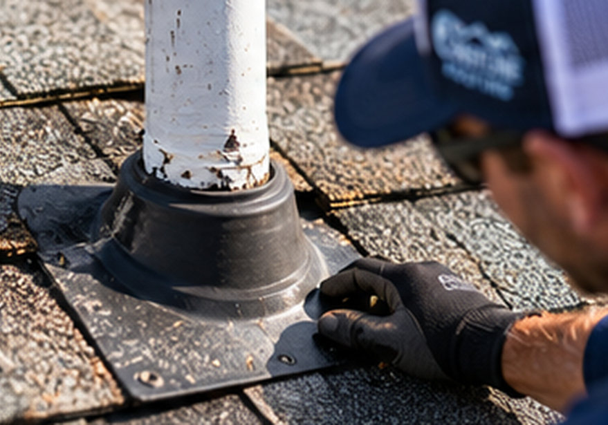 Roofer inspecting a pipe boot and surrounding shingles for a potential source of water intrusion