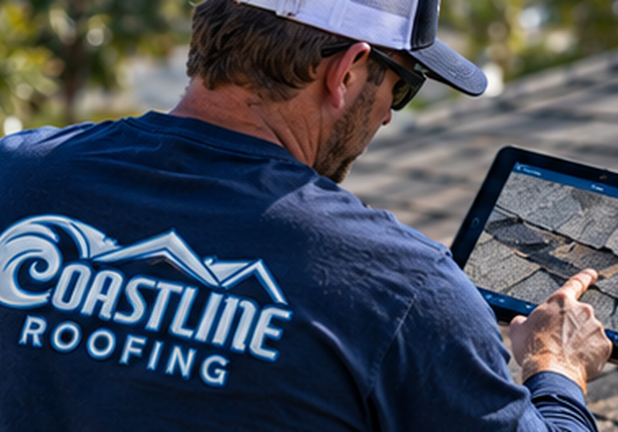 Coastline Roofing contractor reviewing roof inspection photos on a tablet