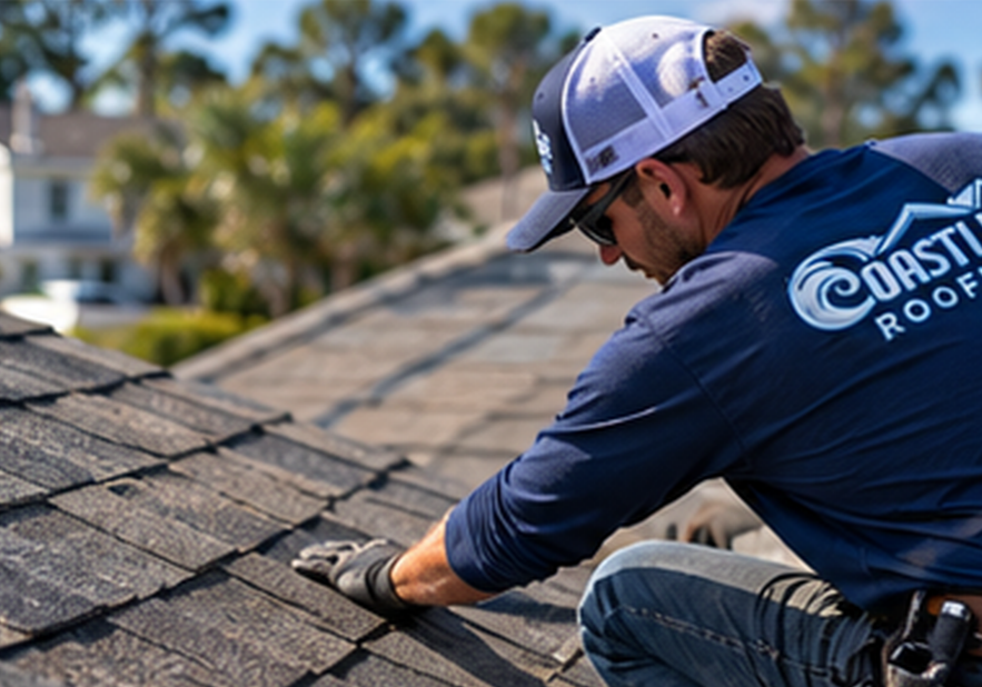 Coastline Roofing contractor checking shingles and roofing components surrounding a repaired area