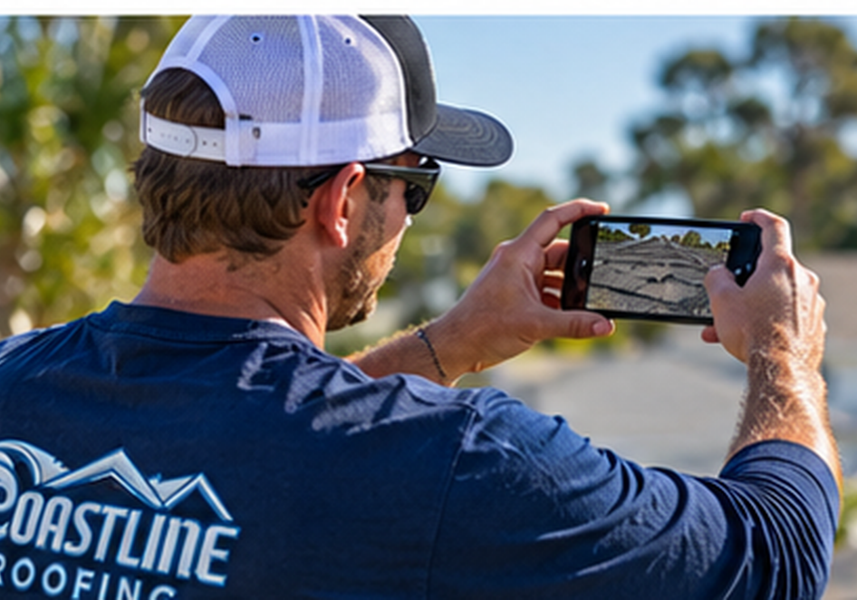 Coastline Roofing contractor photographing a residential roof to document completed repair work