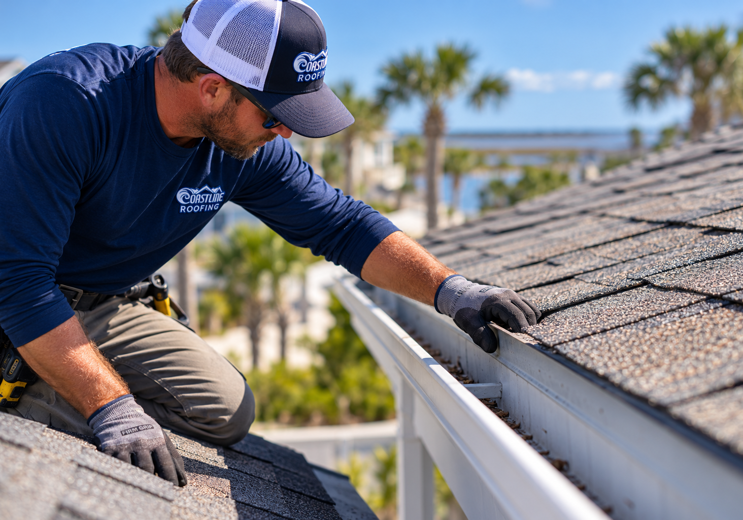 Coastline Roofing professional inspecting roof edges and gutter drainage on a coastal Carolina home.