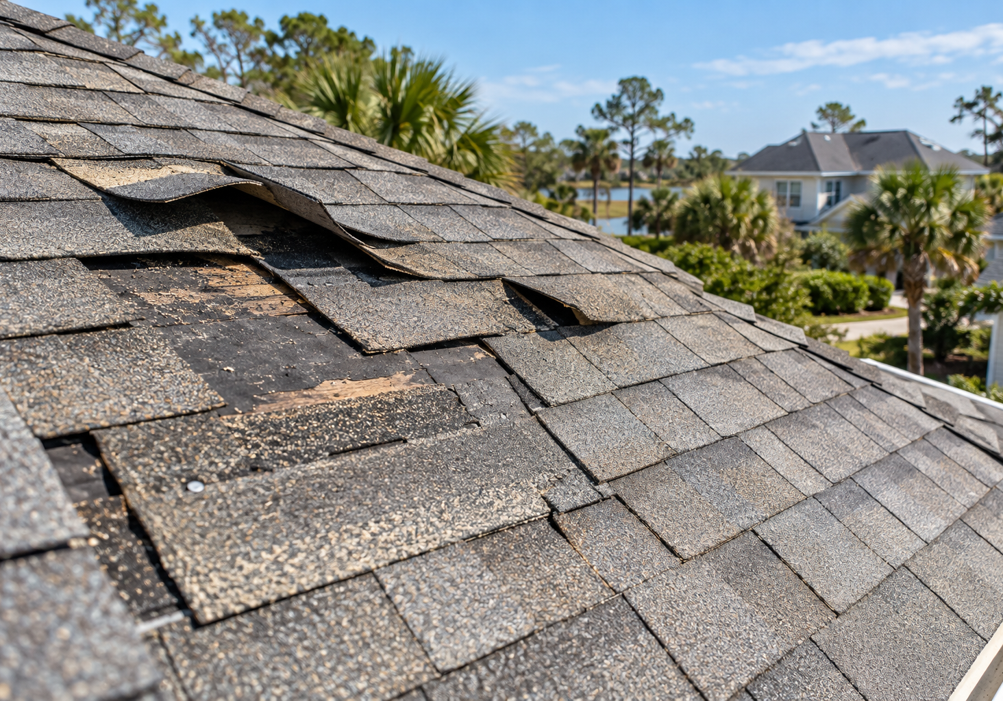 Wind-damaged asphalt shingle roof with lifted and missing shingles